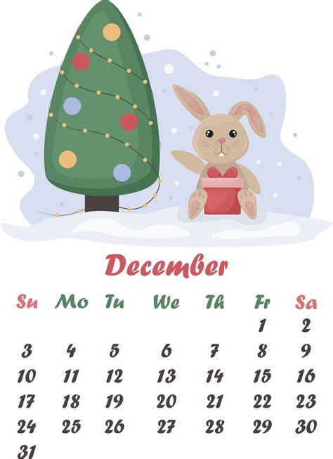 Calendar December. A calendar with the image of a cute rabbit sitting ...