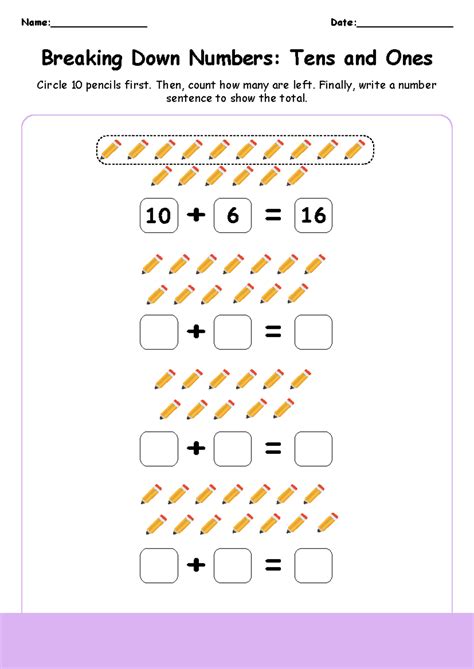Breaking Down Numbers: Tens and Ones with Pencils - 1st Grade Worksheet