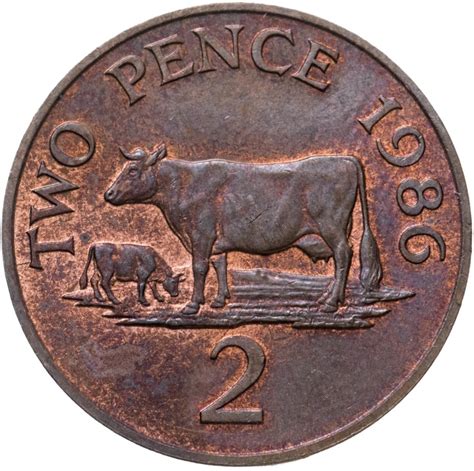 Монета гернси 2 пенса (pence) 1986 стоимостью 300 руб.