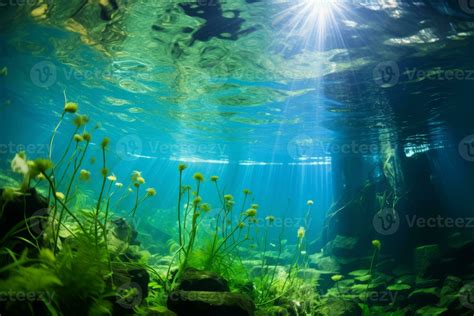underwater view  aquatic plants thriving   clear pond