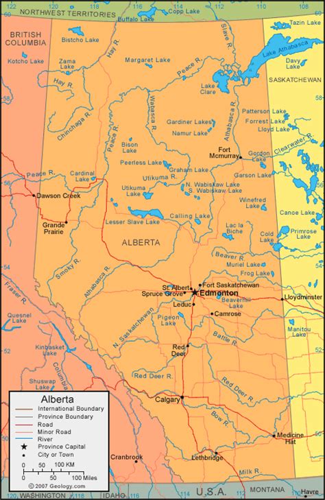 Alberta Map And Satellite Image Roads Lakes Rivers Cities