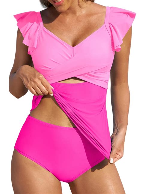 Eytino Womens Two Piece Tankini Swimsuit V Neck Ruffled Top Bikini Bottom Tummy Control Pink