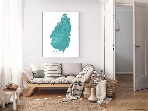 Saint Lucia Map Print Poster, Turquoise Topographic St Lucia Island Ca