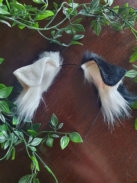 Dog ears black and white faux fur dog ears headband handmade ears half