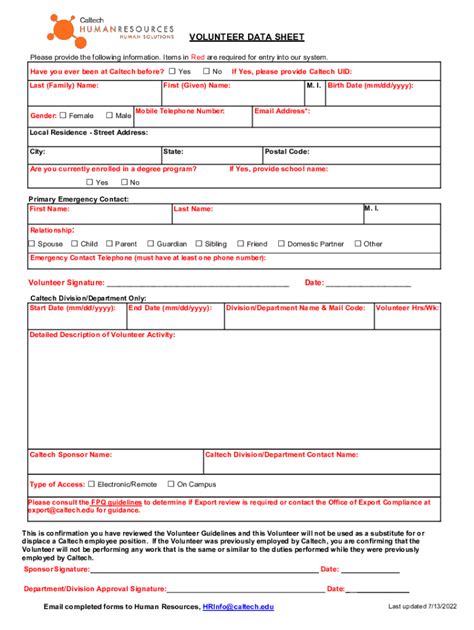 Fillable Online Hr Caltech Volunteer Data Sheet Fax Email Print Pdffiller
