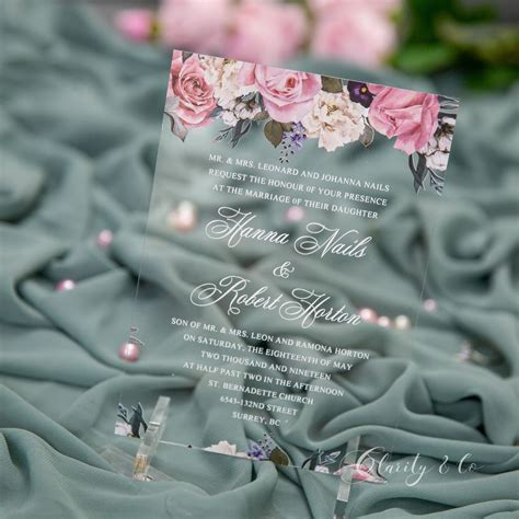 Dusty Pink Flower Clear Acrylic Wedding Invitations With White Printing