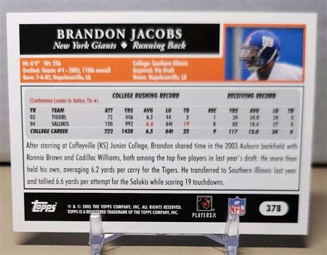 Brandon Jacobs Topps Th Anniversary Football Black Insert Rc