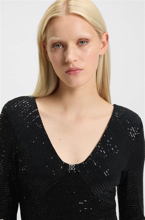 HUGO - Sparkly-jersey dress with stacked-logo neckline - Black