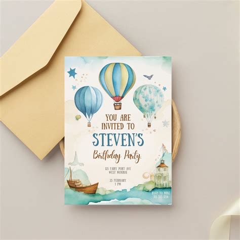 Hot Air Balloon First Birthday Invitation Watercolor Birthday Invite First Birthday Party