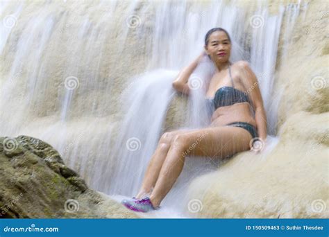 Woman Relax In Waterfall And Bikini Stock Image Image Of Forest Girls
