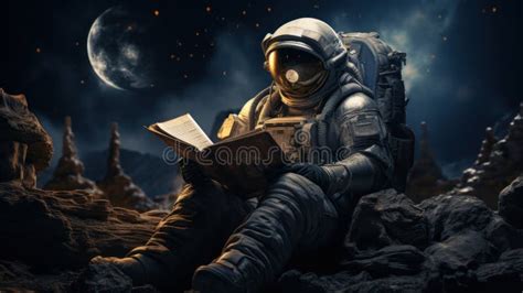 Astronauta Leyendo Un Libro Sobre El Terreno Rocoso Bajo La Luz De La