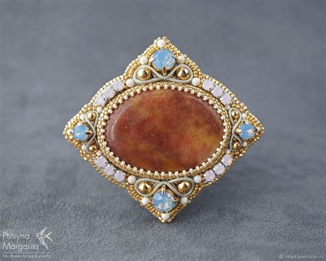 Брошь с Авантюрином и кристаллами Сваровски, вышивка бисером – заказать ...