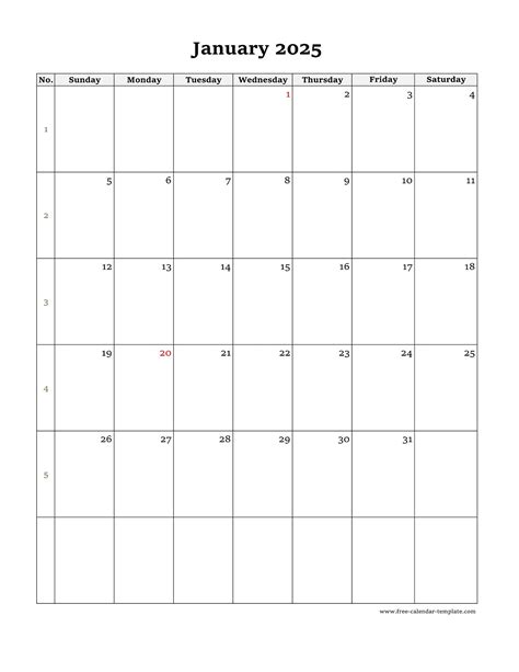 Monthly Calendar 2025 Simple Design With Large Box On Each Day For