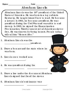 Abraham Lincoln Social Studies and Language Arts Worksheets Presidents' Day