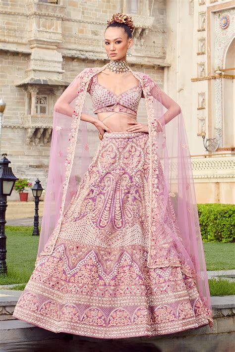 Buy Purple Lehenga And Blouse Pure Raw Silk Embroidery Floral V Bridal