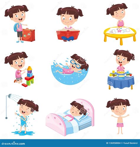 Vector Illustration Of Cartoon Girl Doing Various Activities | CartoonDealer.com #136958004