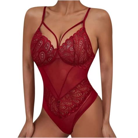 Ensemble de lingerie sexy en dentelle creuse à dos de couleur unie pour femmes n77920 Rouge