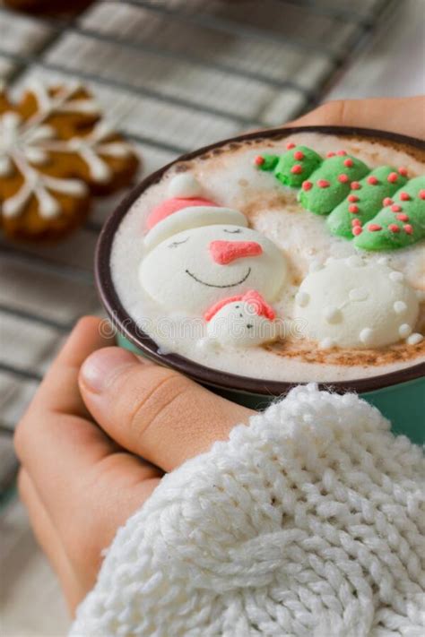 Christmas Hot Chocolate With Snowman Marshmallow In The Cup Stock Photo Image Of Female Xmas