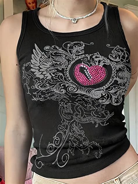 Grunge Rhinestone Heart Ribbed Tank Top Y2k Sleeveless Crew Temu