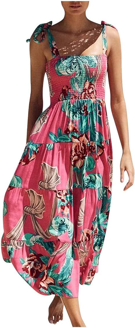 Strandkleider Damen Sommer Maxikleid Boho Lang Kleid U Hals