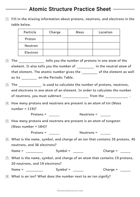 Free Printable Atomic Structure Worksheets Off