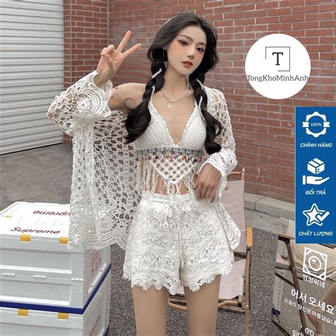 Set bikini món len móc đi biển gồm áo bra đính hạt quần short khoác