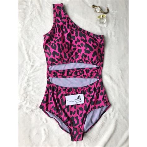 Pink Leopard Bikini Female Swimwear With Sideless Shoulder Deviation Extremely Beach Shape