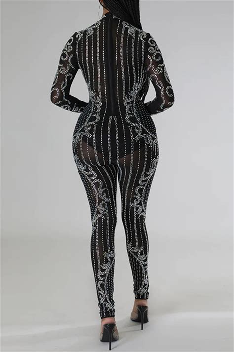 Wholesale Brown Sexy Patchwork Hot Drilling See Through Half A Turtleneck Skinny Jumpsuits