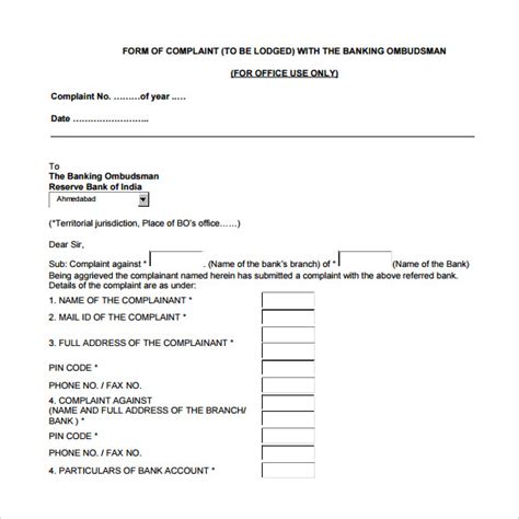 Banking Ombudsman Complaint Forms Samples Examples Formats