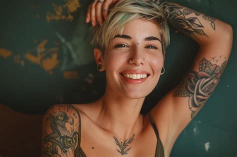 Pretty Tattooed Female Model With Short Blonde Hair Smiling Looking At Camera Premium Ai