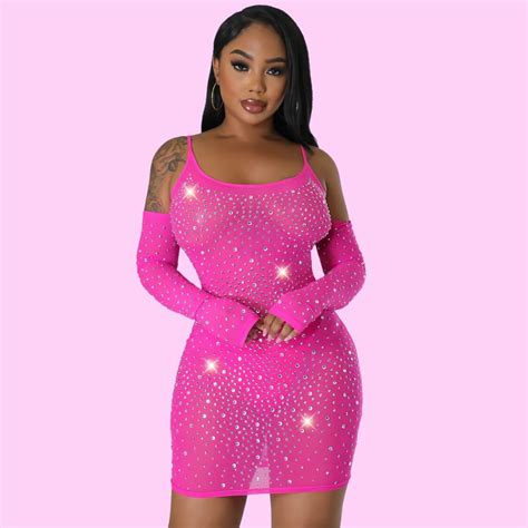 Kali Rhinestone Sheer Naked Dress In Hot Pink Pink Sugar