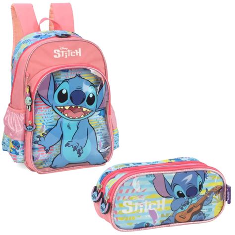 Kit Mochila de Costas Estojo Stitch Salmão Papelaria Rainha