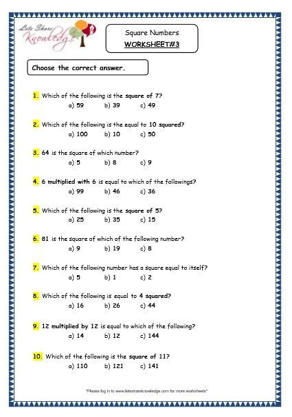 Square Numbers Worksheet 3rd Grade