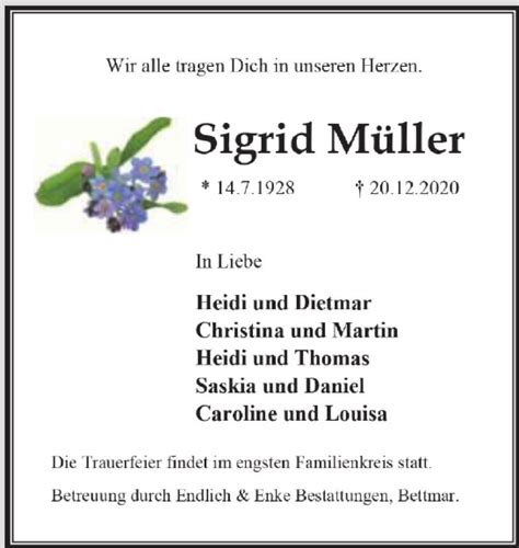 Traueranzeigen Von Sigrid M Ller Trauer De