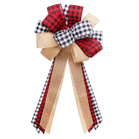 Christmas Tree Topper Buffalo Plaid Red Black Burlap Decorative Bow