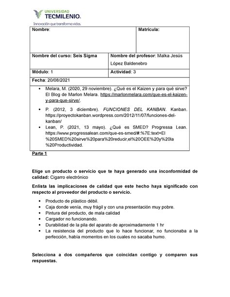 Act Actividad Seis Sigma Nombre Matr Cula Nombre Del Curso