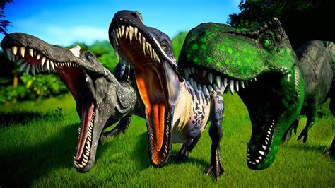 2 T Rex Vs 2 Spinosaurus Vs 2 Acrocanthosaurus Jurassic World Evolution Dinosaurs Fight Youtube