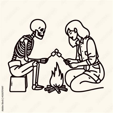 Skeleton Lesbian Couple Roasting Marshmallows A Minimalist Silhouette