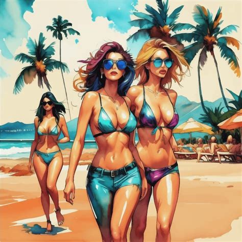 Premium AI Image A Watercolor Painting Of A Group Of Bikini Women Walking On A Beach With Palm