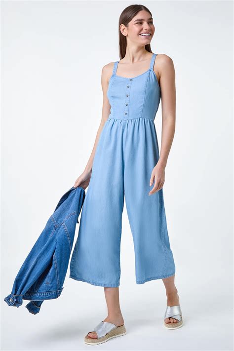 Blue Denim Shirred Back Strappy Jumpsuit Roman UK