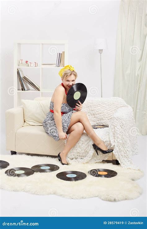 Blonde Woman With Vinyls Stock Image Image Of Couch 28579419