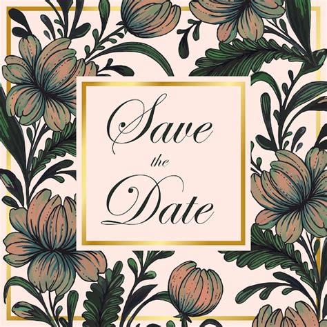 Schöne Save the Date Karte mit handgezeichneten Blumen und goldenem