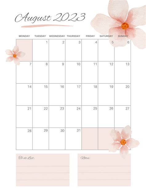 August 2023 Calendar Printable