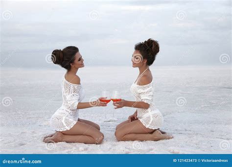 Cheers Happy Two Girl Friends In Bikini Having Fun On Whit Stock Image