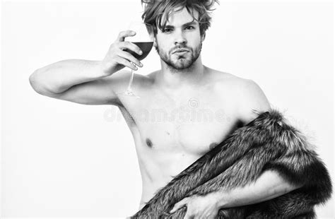 Guy Attractive Rich Posing Fur Coat On Naked Body Rich Athlete Enjoy His Life Richness And