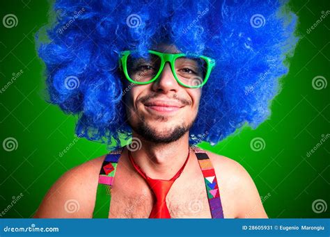Funny Guy Naked With Blue Wig And Red Tie Stock Image Image Of Face Carnival 28605931
