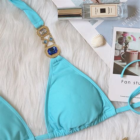 Crystal Diamond Bikini 2024 New Sexy Lace Up Plain Women S Split Swimsuit Golden Accessories