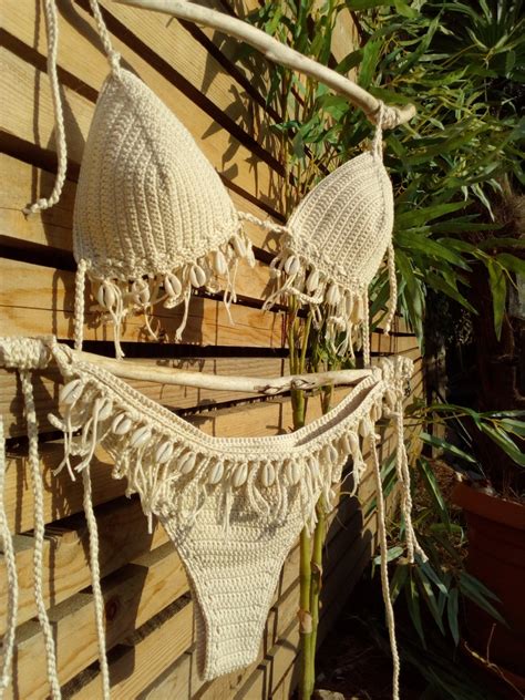 Crochet Bikini Set In Light Cream Natural With Seashells Can Etsy