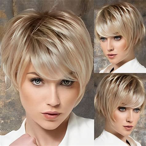 Amazon EMMOR HD Lace Front Wig Pixie Cut Wig Human Hair Wigs With Bangs Blonde Wig
