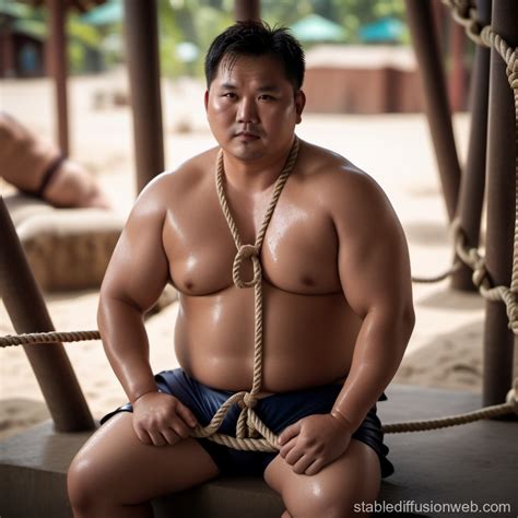 Chubby Thai Man In Wet Micro Bikini Restrained In Prison Stable